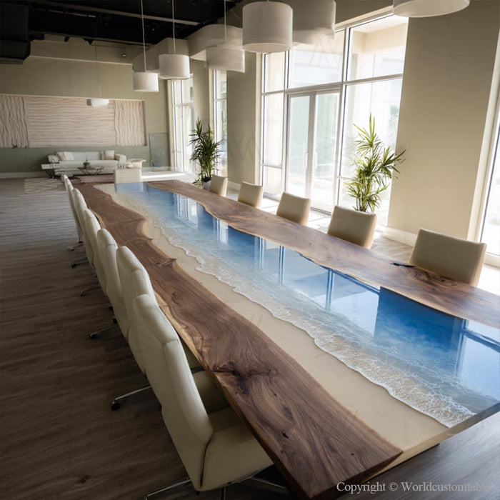 Detailed view of natural walnut texture with flowing wave resin