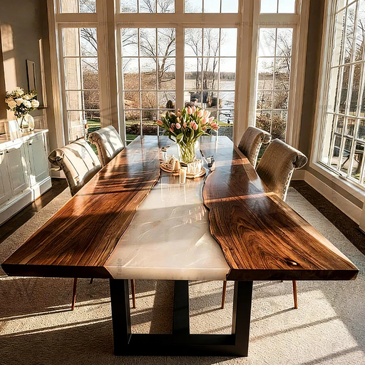 Modern dining room with a long wooden table and chairs near large windows.