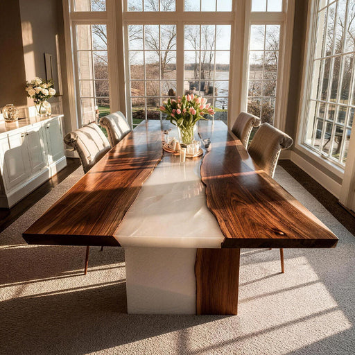 Modern dining room with a long wooden table and chairs near large windows.