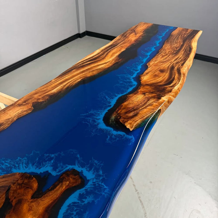 Blue epoxy console table for a contemporary living room