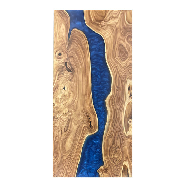 Elegant dining table with dark blue epoxy resin river and rich elm wood grain, handcrafted for unique modern home decor.