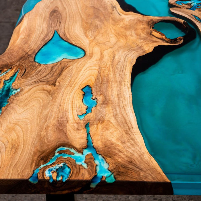 Blue epoxy live edge tables crafted from natural walnut