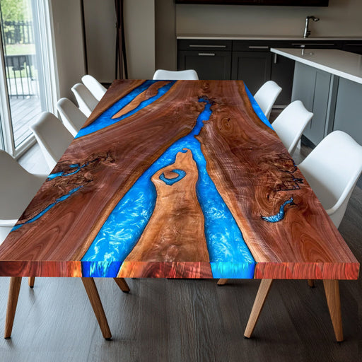 Blue epoxy resin conference table with wooden base, ideal for modern offices.