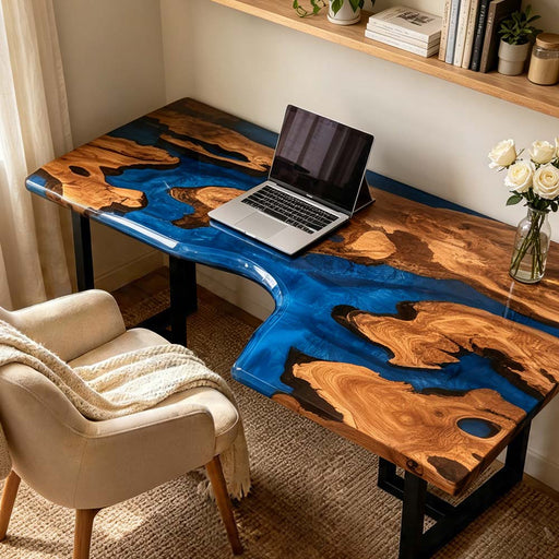 Blue epoxy resin corner executive desk with olive wood slab and steel frame