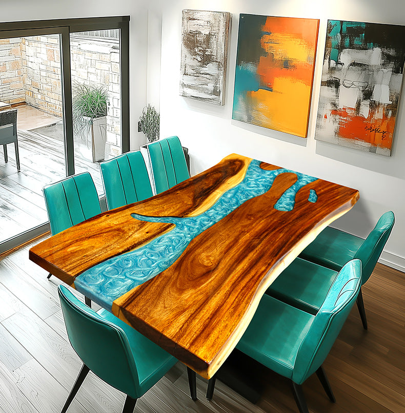 Live edge epoxy resin table with a vibrant blue river design and a durable clear resin tabletop finish.