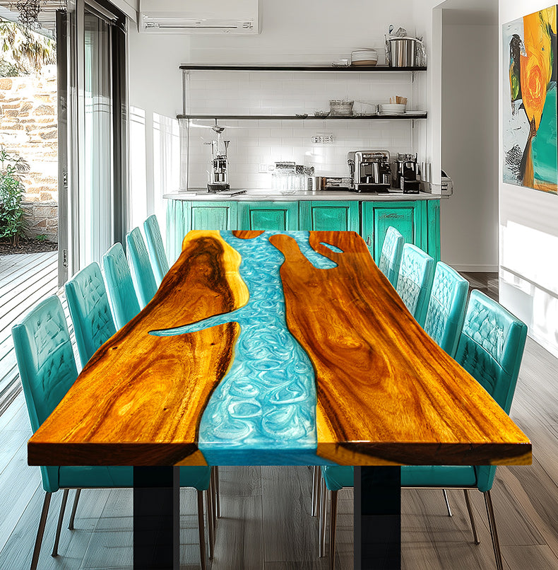 Live edge epoxy resin table with a vibrant blue river design and a durable clear resin tabletop finish.