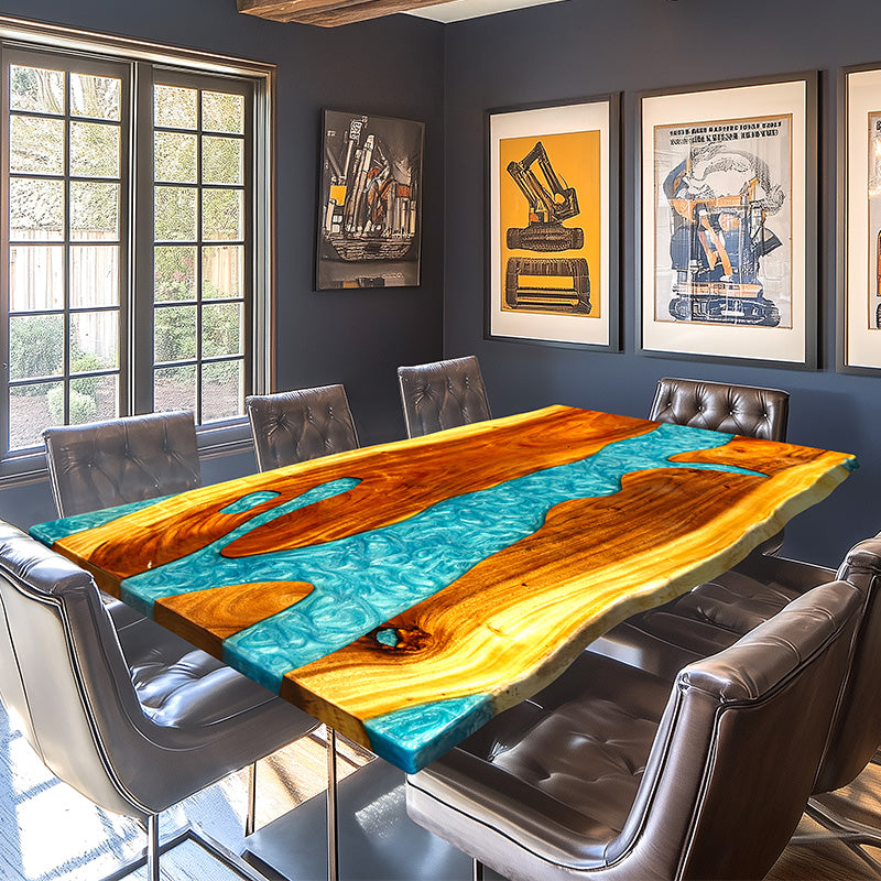 Epoxy resin table with a vibrant blue river design and a durable clear resin tabletop finish.