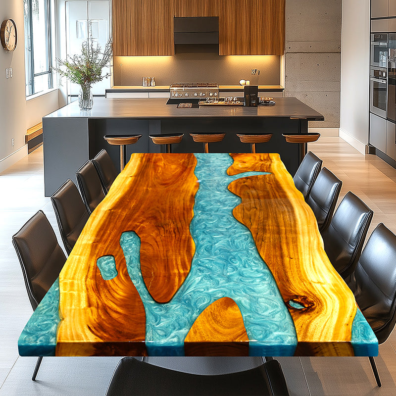 Epoxy resin table with a vibrant blue river design and a durable clear resin tabletop finish.