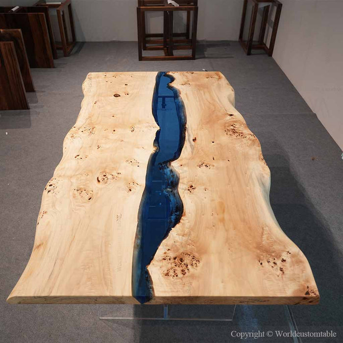 Blue epoxy river dining table crafted from natural Poplar wood