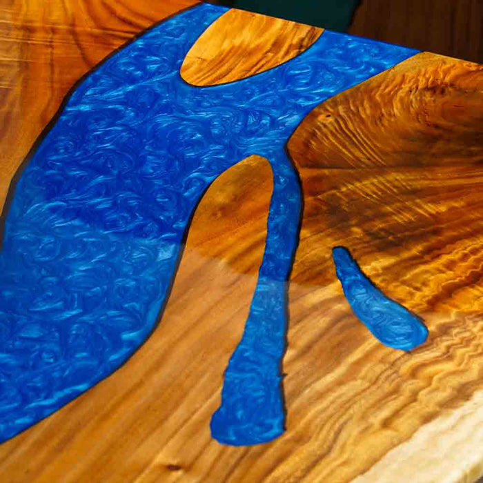 Handcrafted walnut live edge table with blue epoxy resin river for 8 people