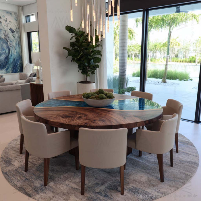 Blue epoxy top walnut dining table in elegant dining room setting