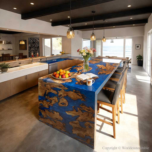 Close up of burl wood grain and blue epoxy resin waterfall table