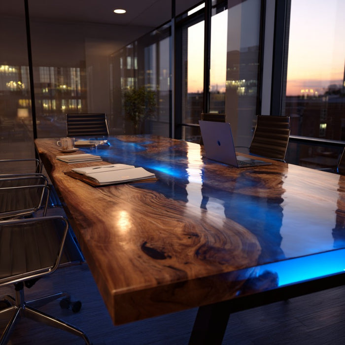 Modern conference room with a wooden table and chairs, large windows showing a cityscape.