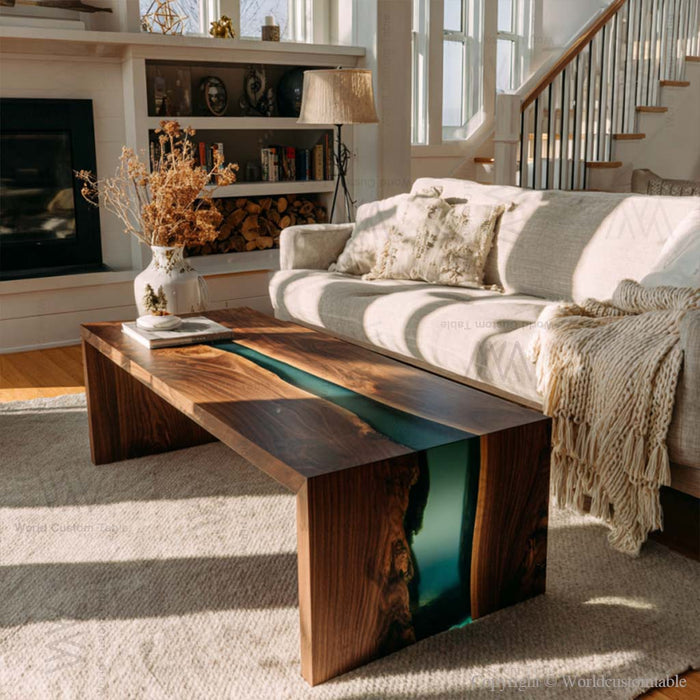Blue-green resin coffee table with waterfall design on wooden slab