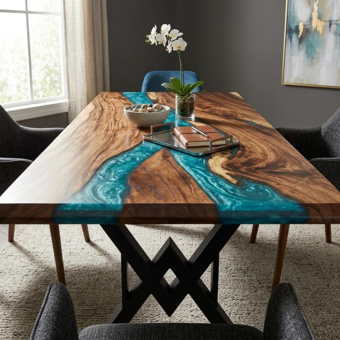 Walnut resin dining table featuring a blue green epoxy river