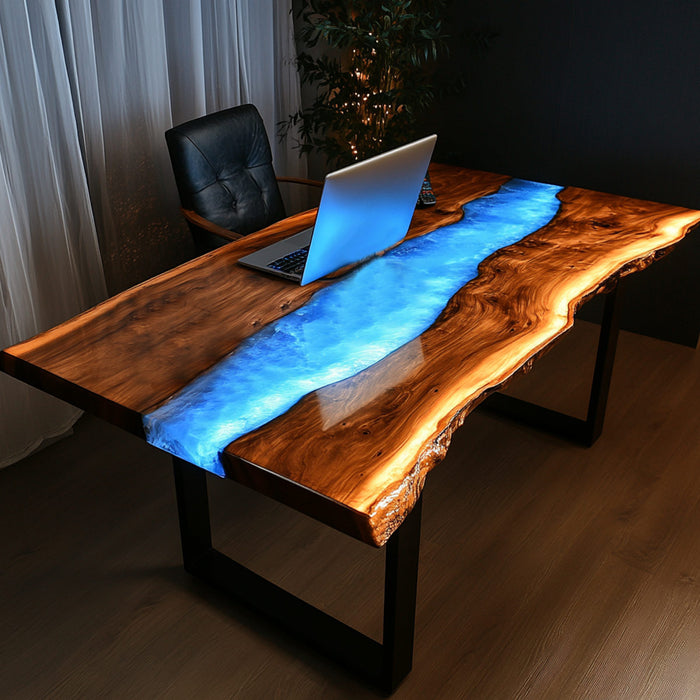 Modern live edge epoxy desk with glowing blue LED resin river for home office setup