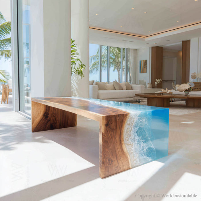Blue ocean resin epoxy waterfall table in luxury living room setting