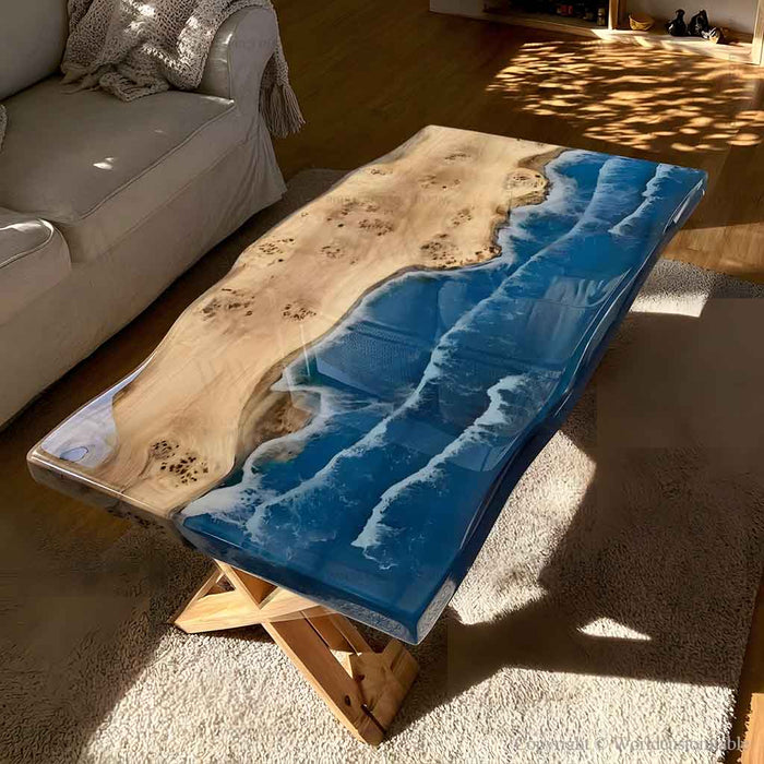 Blue ocean wave epoxy dining table made with natural poplar wood live edge design measuring 64x38 inches for modern dining rooms
