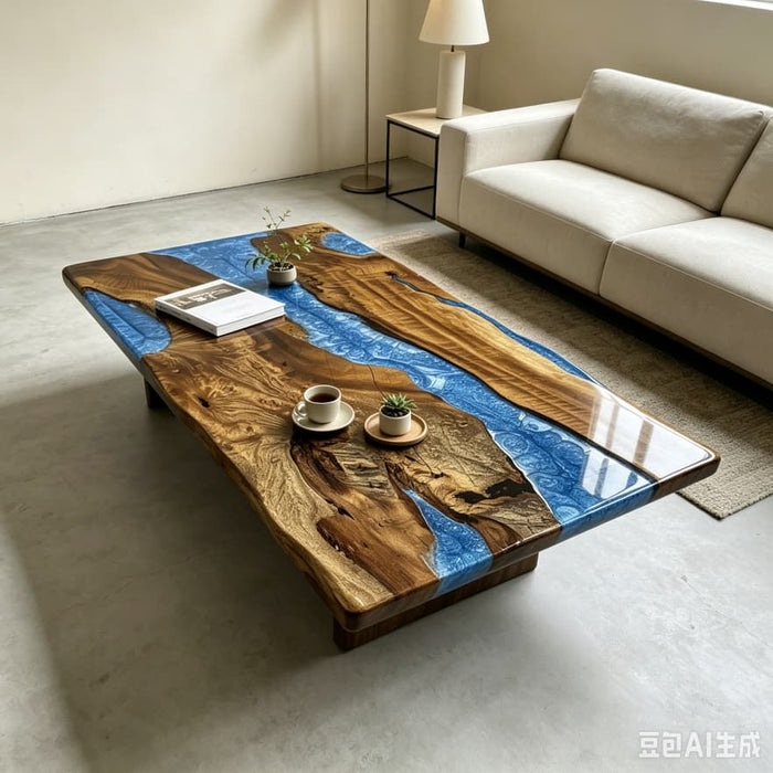 golden camphor coffee table with vibrant blue epoxy resin