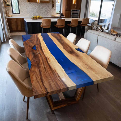 Dining room with a wooden table featuring a blue resin stripe and chairs.