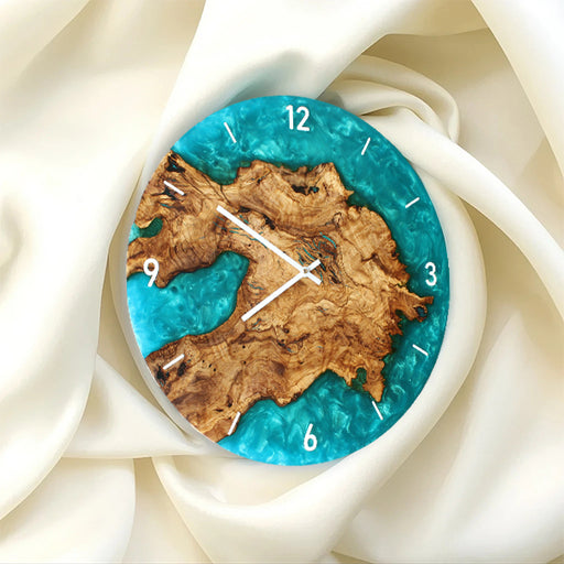Artisan blue resin and olive wood wall clock for home décor