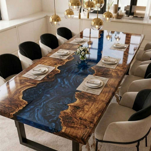 Large blue resin and poplar burl conference table in a modern sunlit office.