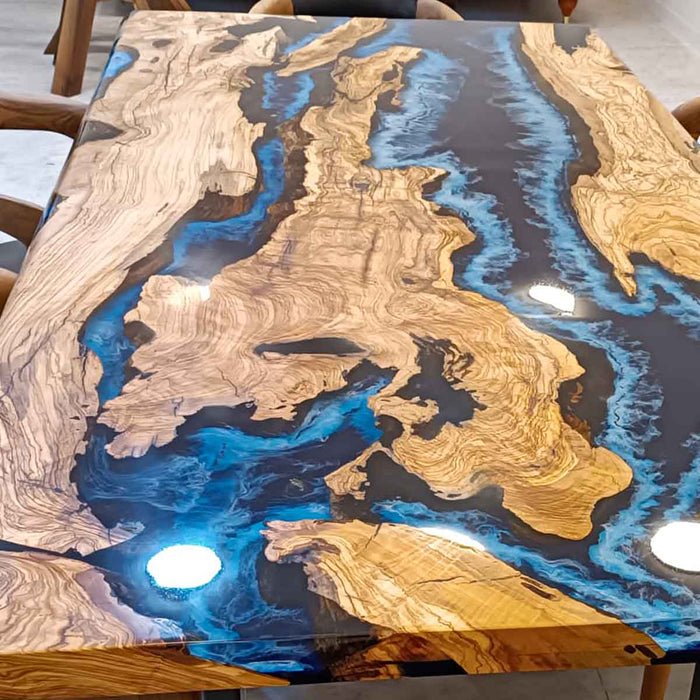 olive wood blue epoxy resin table for luxury homes in miami