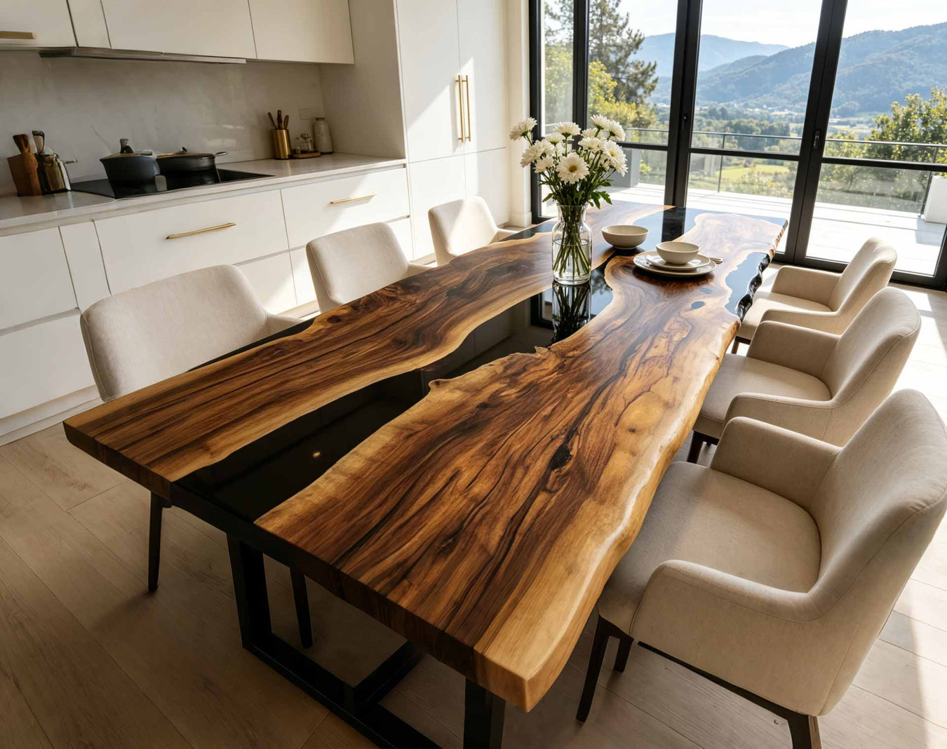 Blue epoxy resin river dining table made from solid black walnut