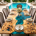 Luxury blue resin river table crafted from live edge burl poplar wood in a poolside dining setting.