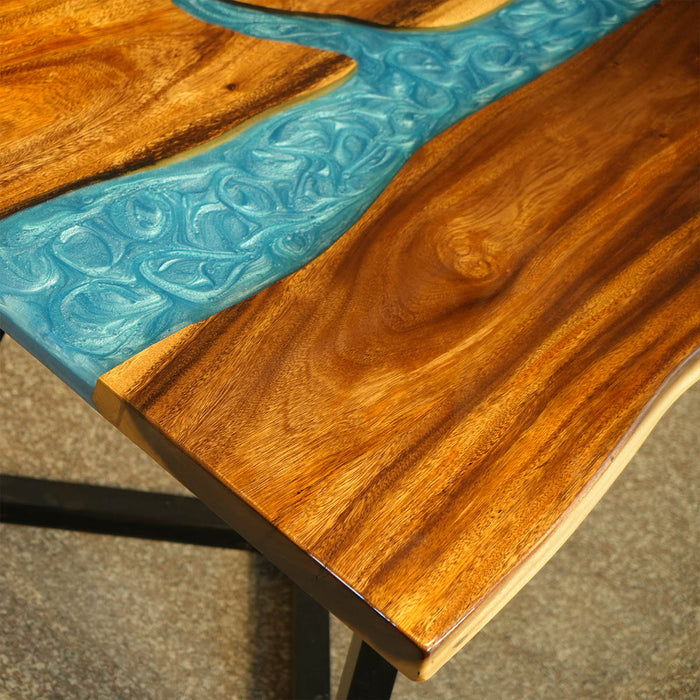 Custom walnut river epoxy table with blue resin for dining room