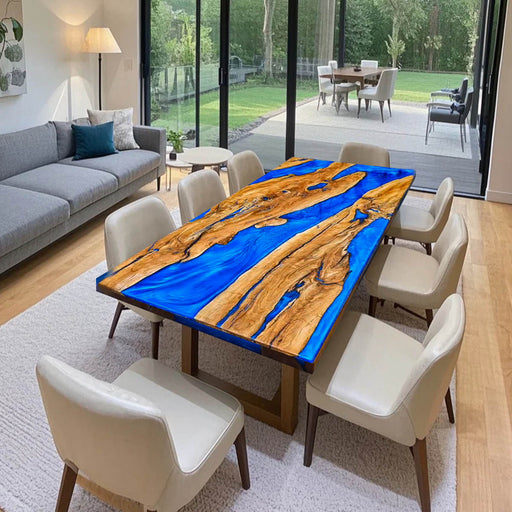 Blue river epoxy resin table with natural olive wood grain