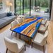 Blue river epoxy resin table with natural olive wood grain