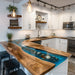Modern kitchen island featuring epoxy wood and stone art design countertop centerpiece