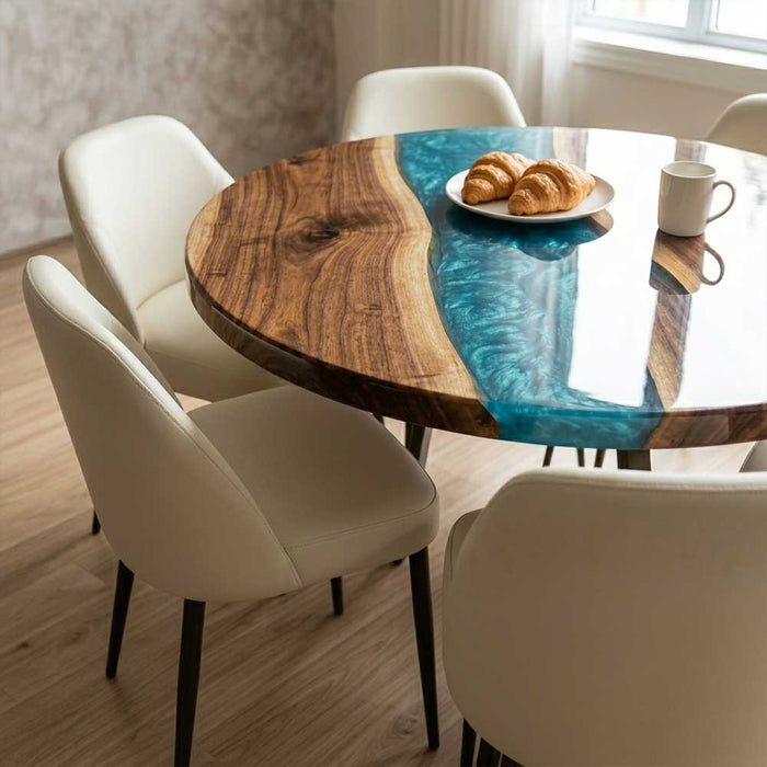 Overhead view of a circular epoxy resin table showing intricate wood grain and metallic blue vortex patterns.