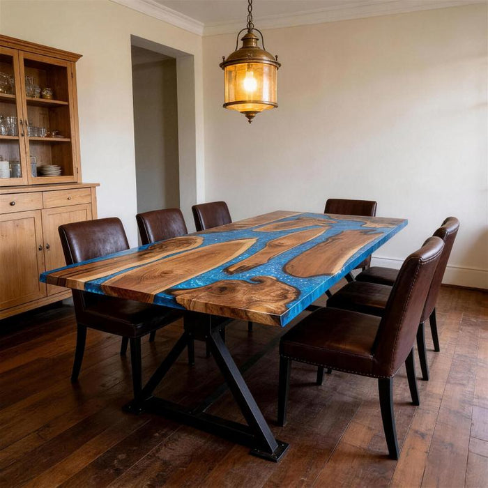 Close up of flowing blue swirl epoxy resin between natural black walnut wood slabs