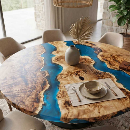 Close-up of transparent blue resin river flow through intricate poplar burl wood grain.
