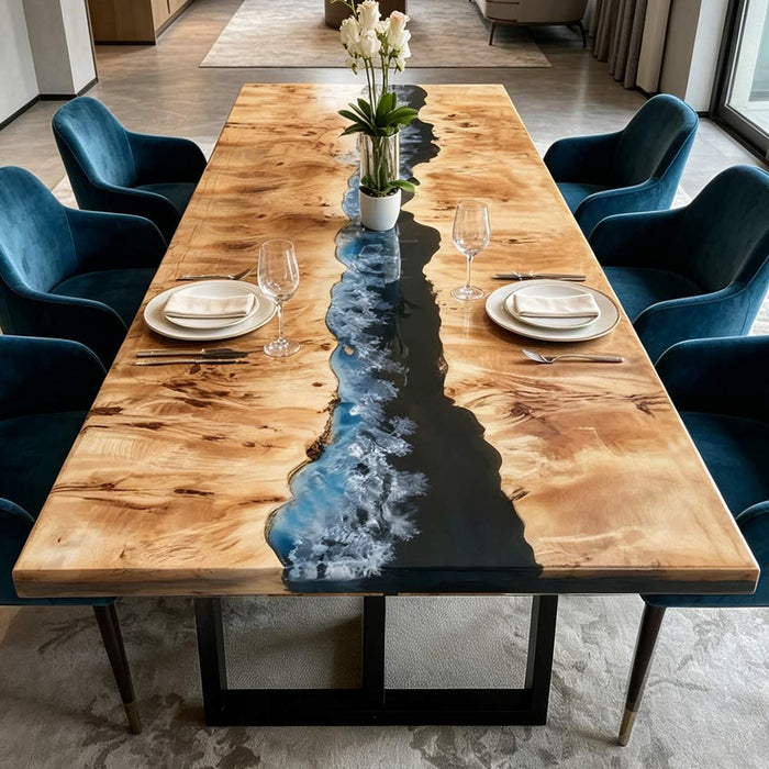 Luxury live-edge poplar burl resin dining table, featuring a striking black and blue epoxy river design.
