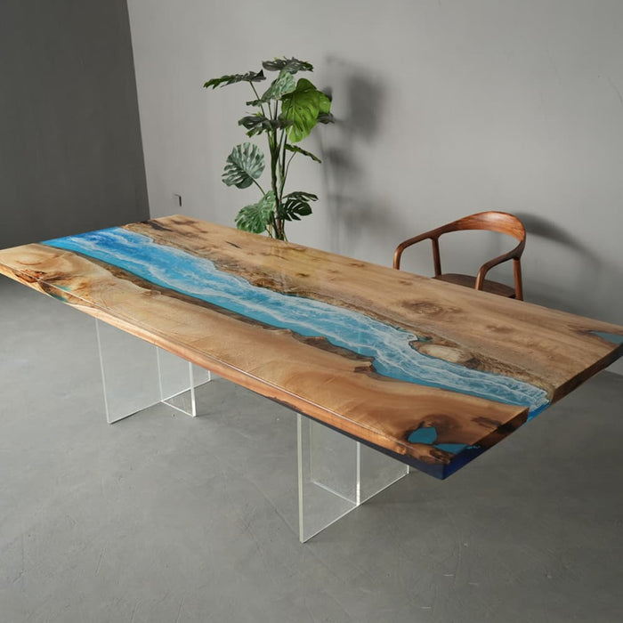 Blue wave resin golden camphor dining table for coastal interiors