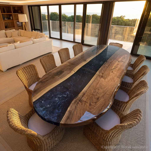 Boat shape epoxy dining table featuring starry night sky resin and natural walnut wood