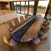 Boat shape epoxy dining table featuring starry night sky resin and natural walnut wood