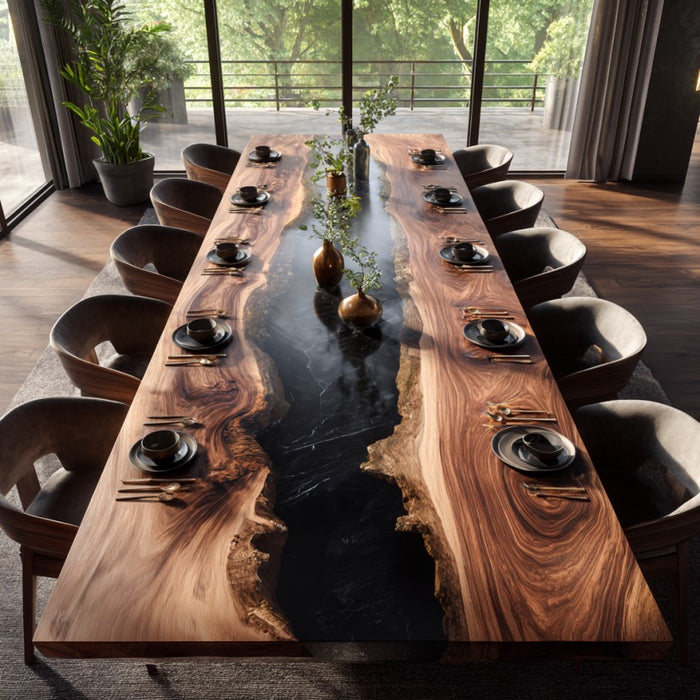 Long wooden dining table with black resin inlay, set for a meal in a modern interior.