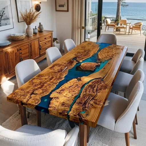 Dining room with a wooden table featuring a blue resin design, surrounded by chairs.