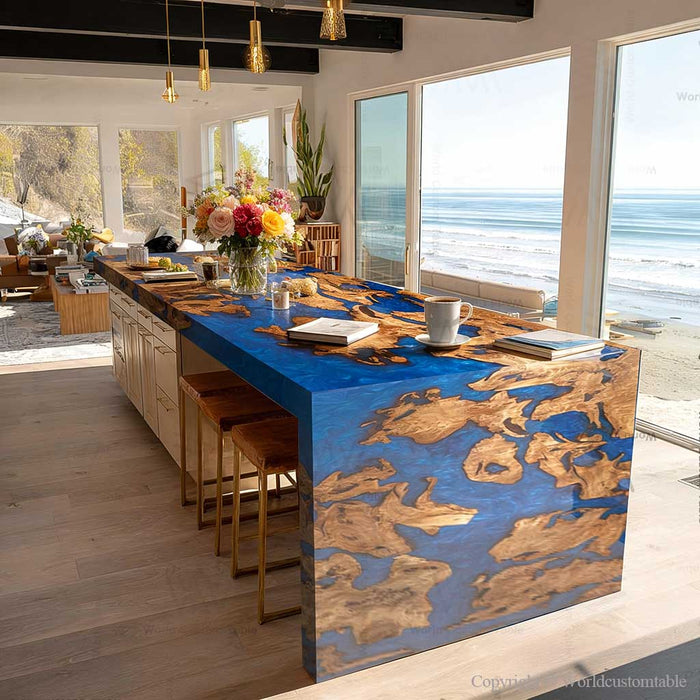Burl wood epoxy waterfall table with blue resin in a modern dining room
