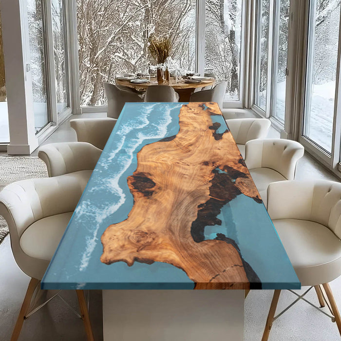 Dining room with a unique wooden table featuring a blue resin design.