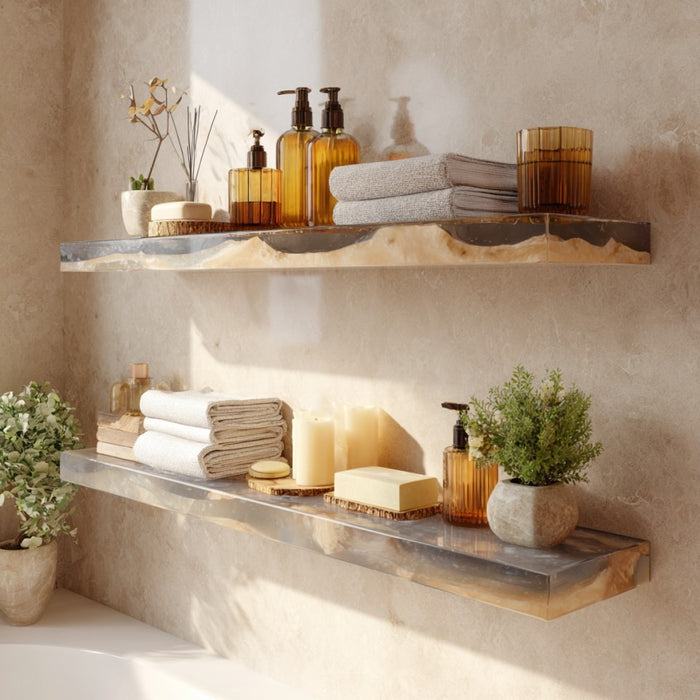 Handmade burl wood gray epoxy floating shelf with transparent resin.