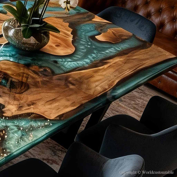 Close up of burl wood texture with glossy green epoxy