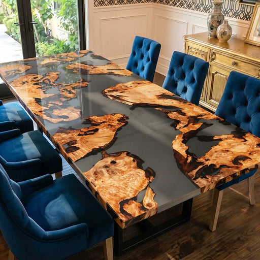 A large rectangular burl wood dining table with smoky grey epoxy resin in a luxury home setting.