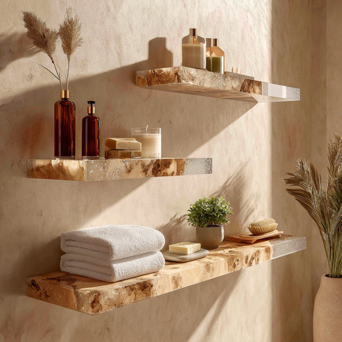 Burl wood transparent gray epoxy floating wall shelf for modern interiors.