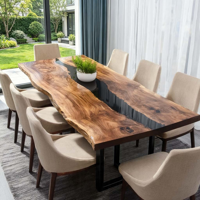 California-crafted walnut dining table with resin detail for modern interiors.