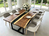 California modern walnut table featuring a sleek black resin center strip.